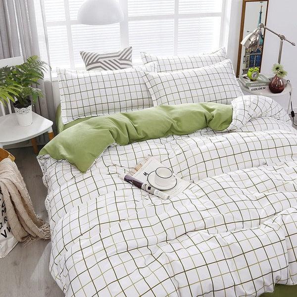 Bedding Set White Green Double Bed Linens Nordic Duvet Cover Pillowcase - kjrcare